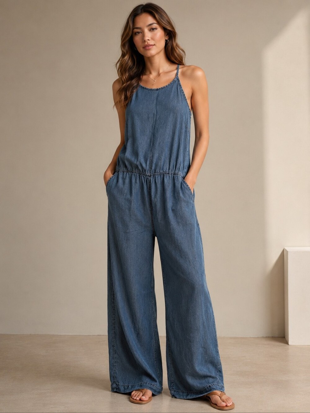 Wide-Leg Denim Jumpsuit in Washed Blue